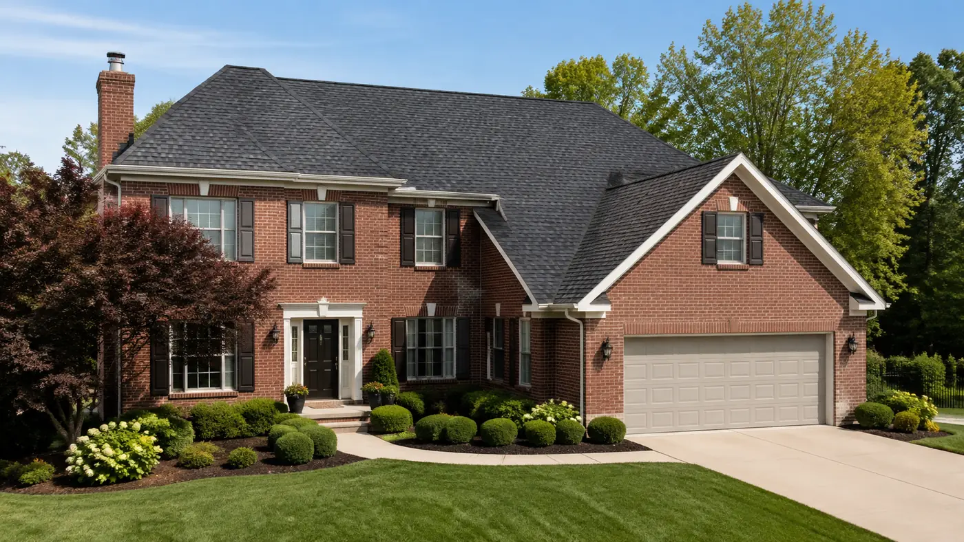 New architectural shingle roof on a brick colonial home in Mason, OH
