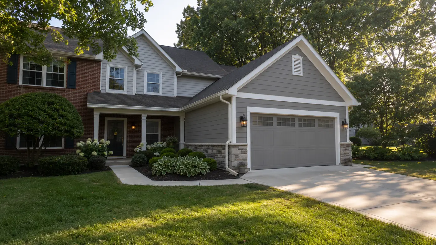 Attached two-car garage addition with gray siding and stone accents in Mason, OH