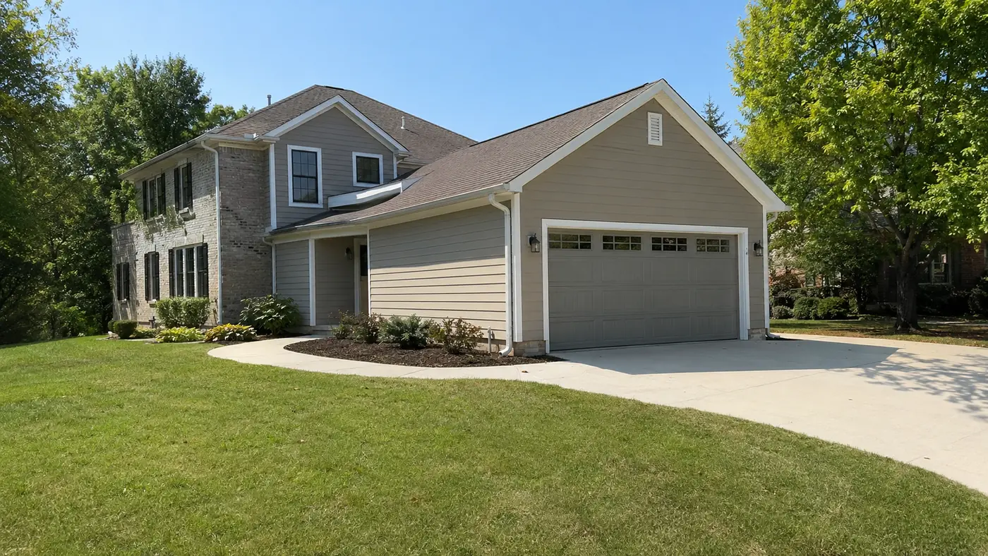 Attached garage addition with tan siding and new concrete driveway in Mason, OH