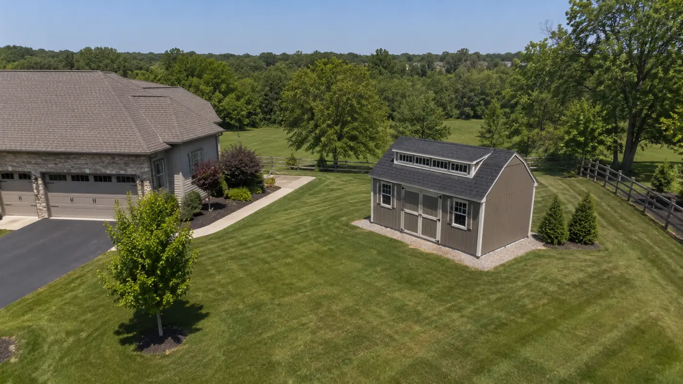 Aerial view of a backyard shed on a large lawn in Mason, OH