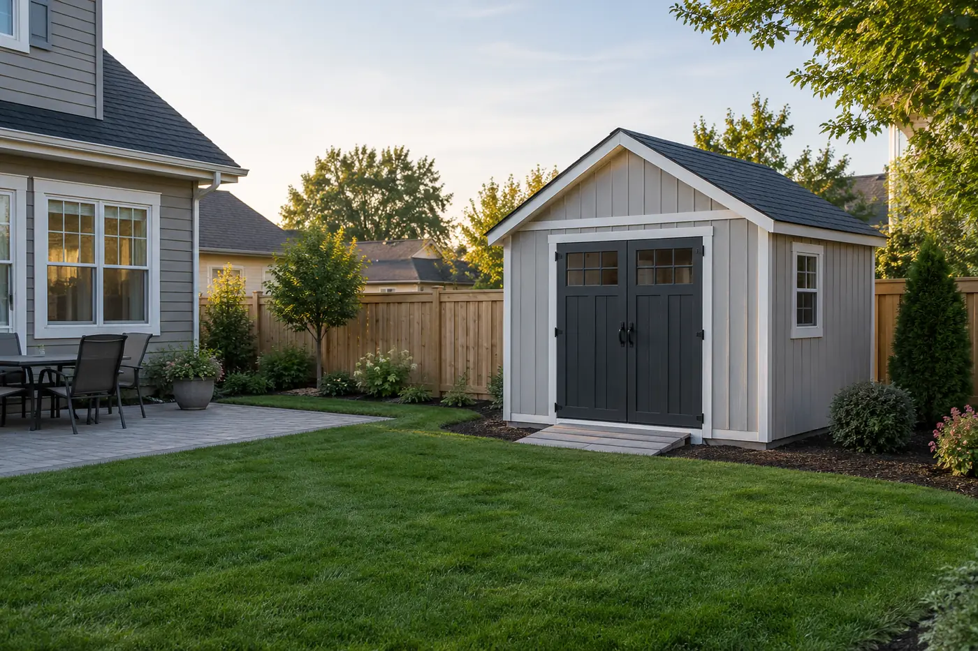Backyard shed with dark double doors beside a patio in Mason, OH
