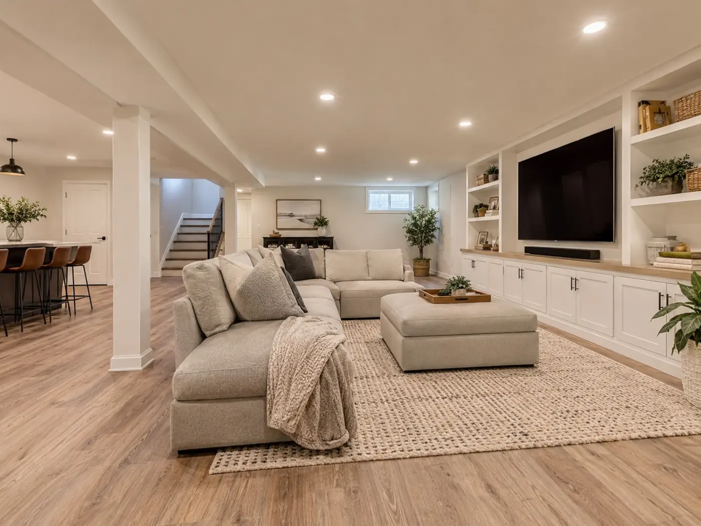 Basement living area with built-in white entertainment center and recessed lighting in Mason, OH