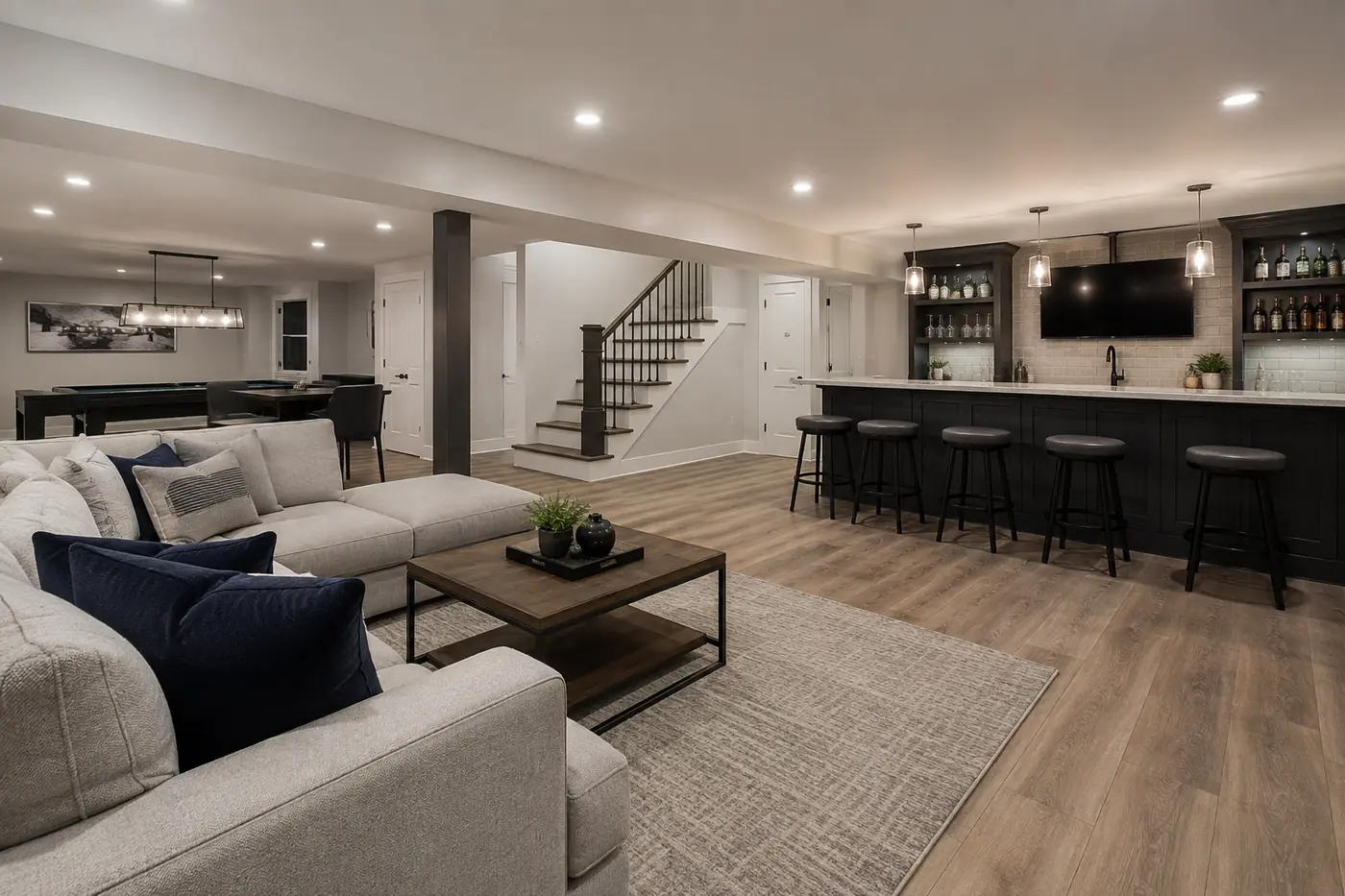 Basement lounge with navy bar cabinetry, pendant lights and TV wall in Mason, OH