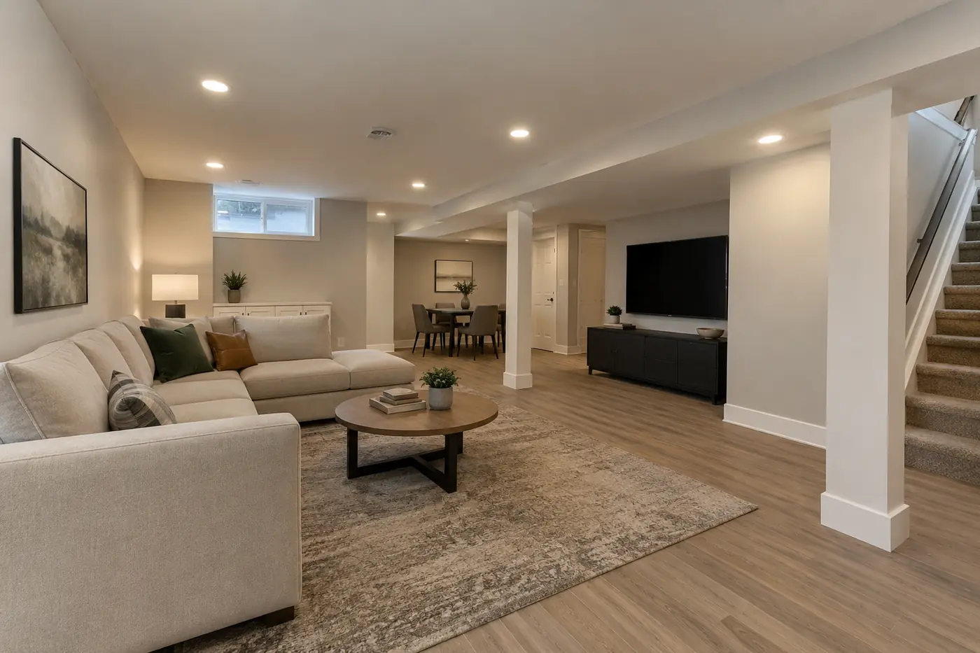 Basement media room with wraparound sectional, wall-mounted TV and finished support columns in Mason, OH