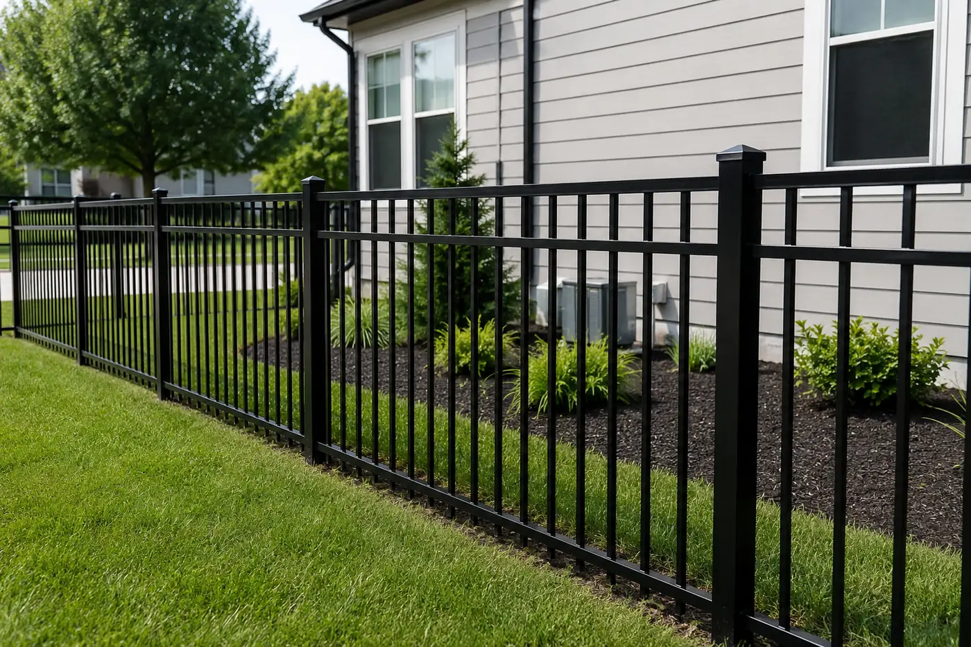 Black aluminum fence along a side yard with mulch beds in Mason, OH