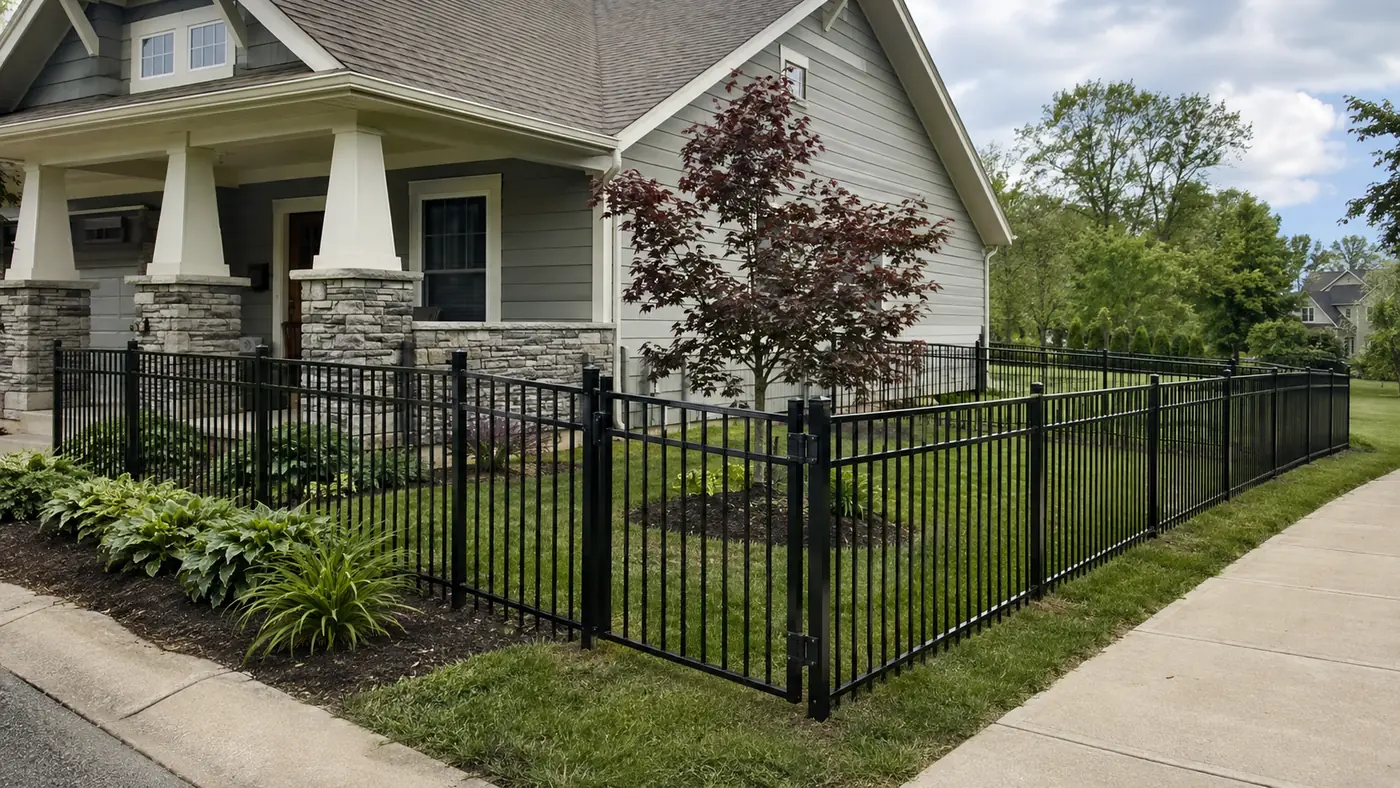 Black aluminum picket fence around the front yard of a craftsman home in Mason, OH