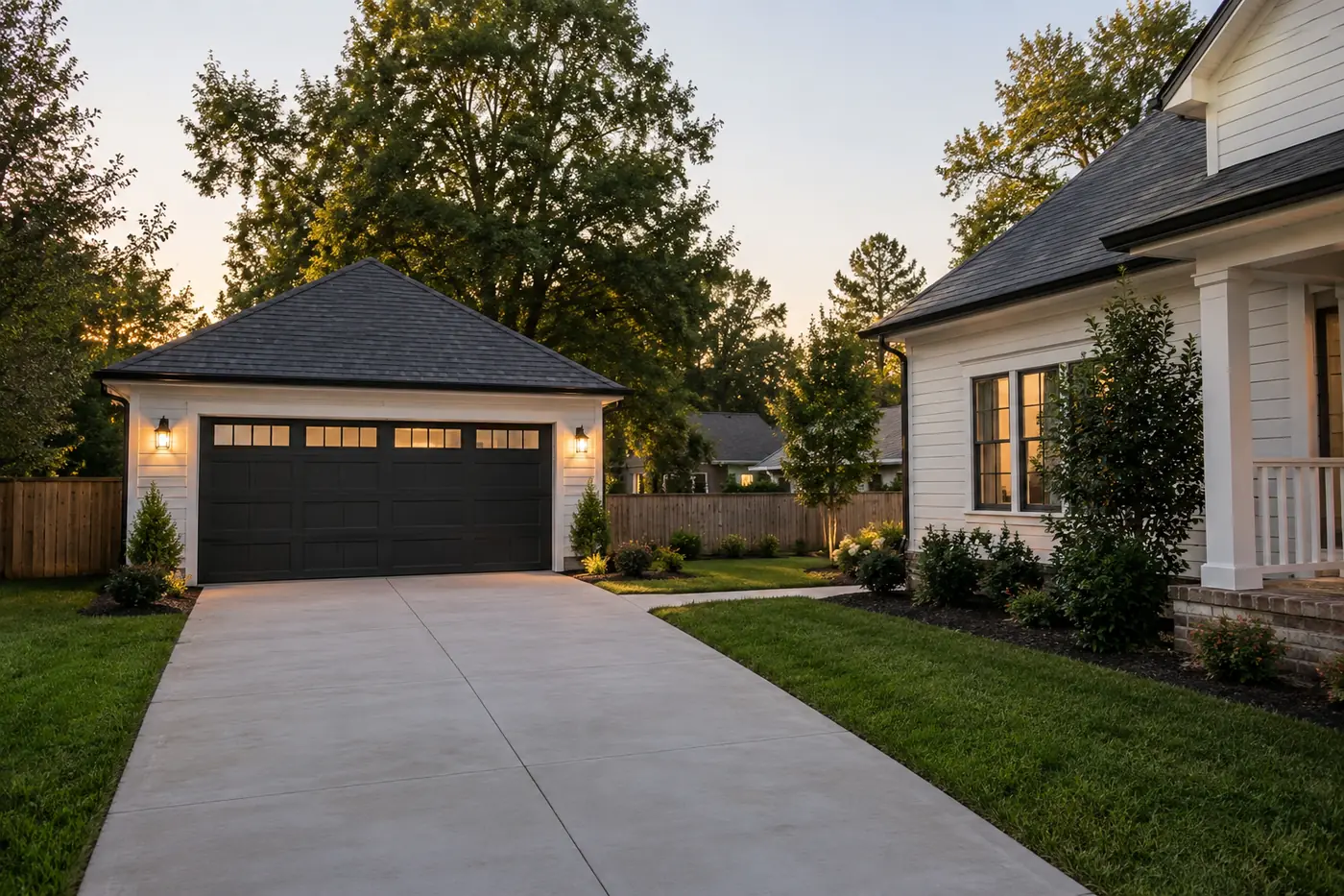 Black two-car detached garage with concrete apron beside a white home in Mason, OH