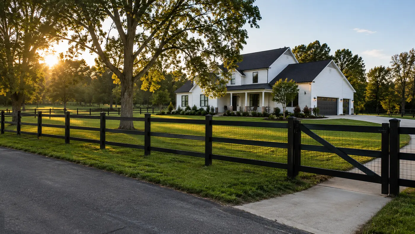 Black split-rail fence along a driveway at sunset in Mason, OH