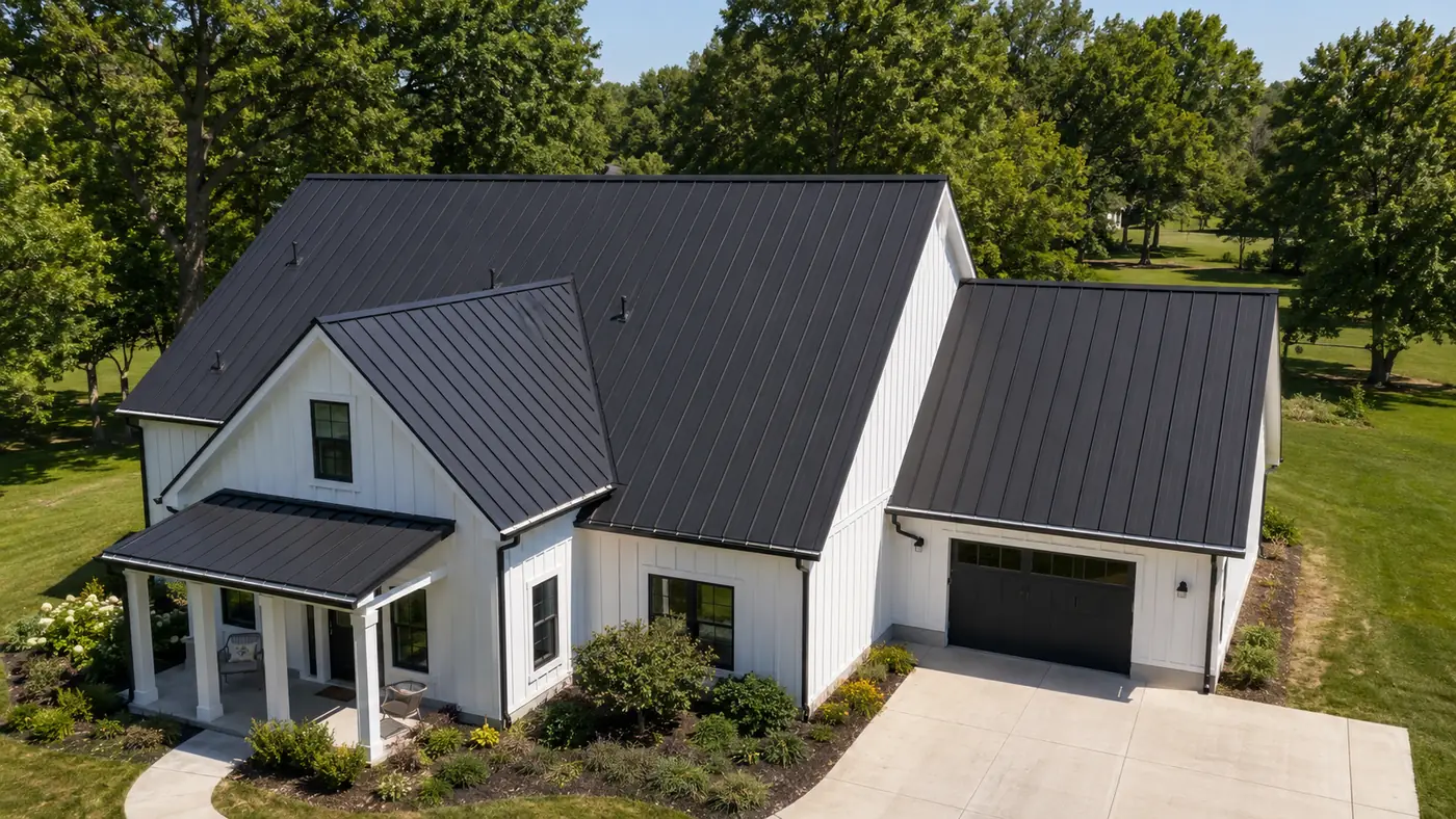 Black standing seam metal roof on a white farmhouse in Mason, OH