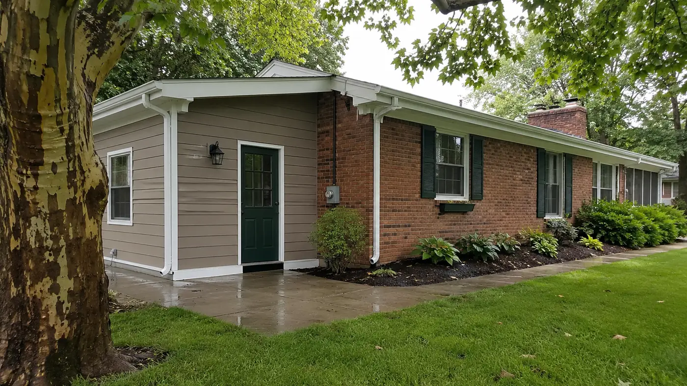 Brick ranch with newly painted gray siding and green front door in Mason, OH