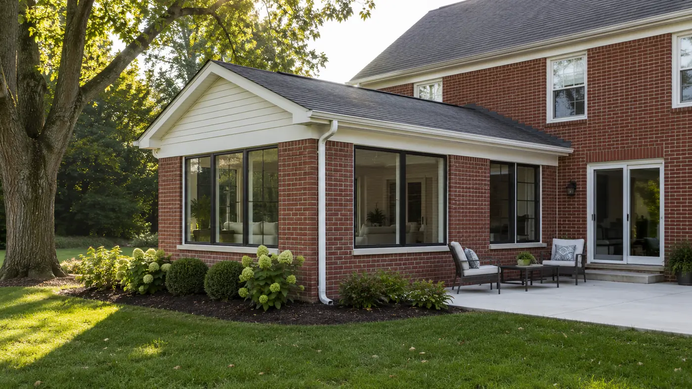 Brick room addition with large windows and a new patio in Mason, OH
