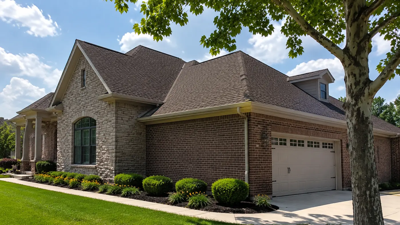 Brown architectural shingle roof on a stone and brick home in Mason, OH