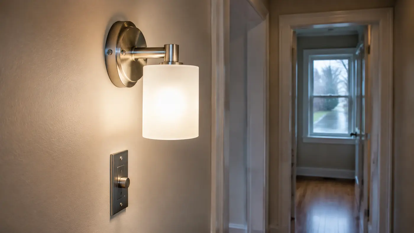 Brushed nickel wall sconce and dimmer switch in a hallway in Mason, OH