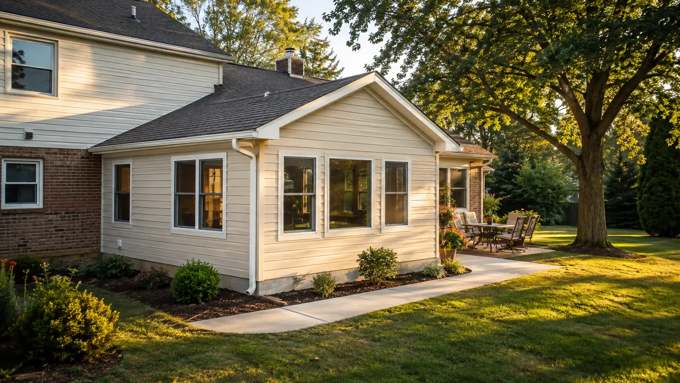 Bump-out room addition with gable roof on a brick ranch in Mason, OH