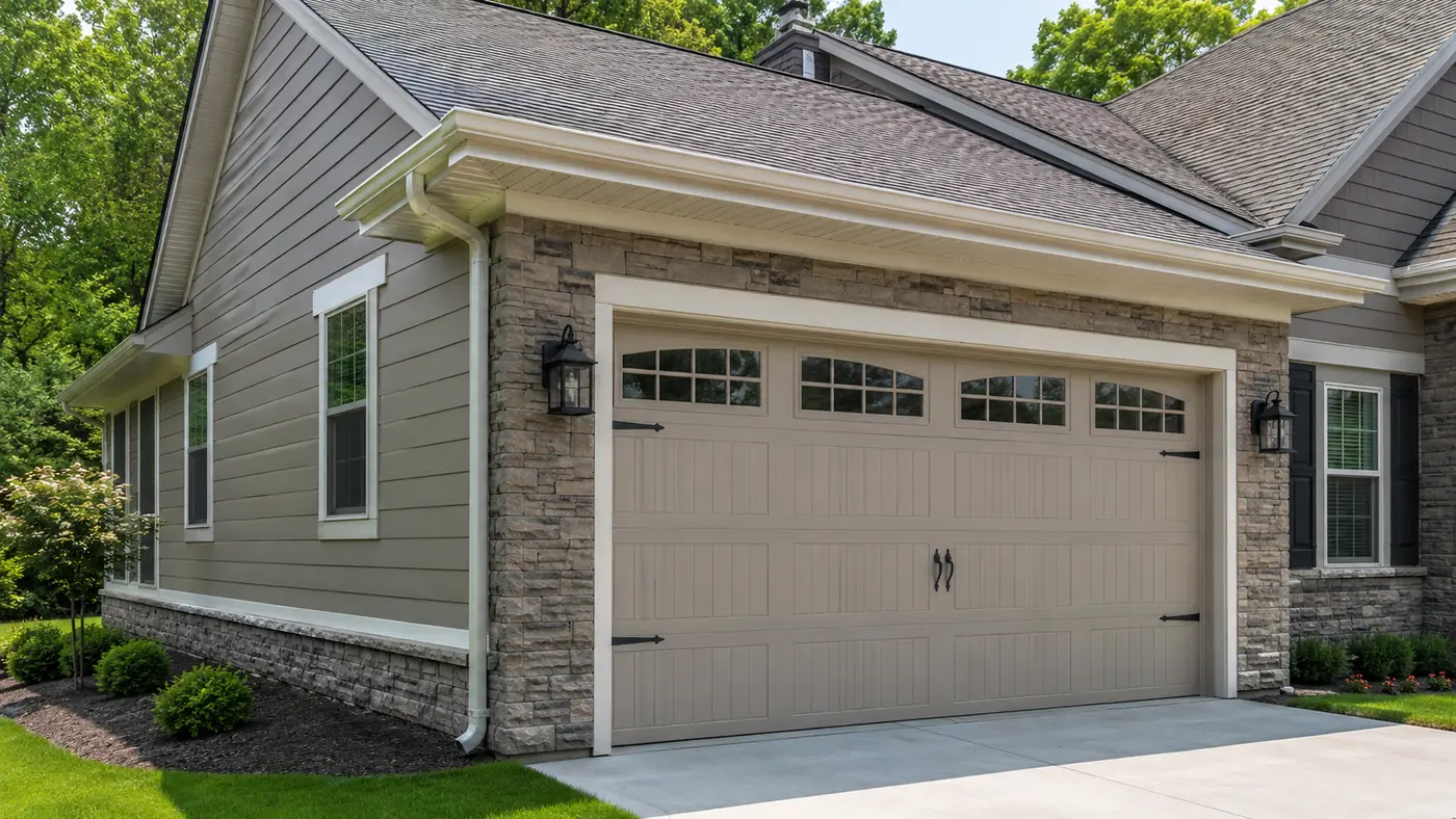 Two-car garage door with carriage windows and stone wainscot on a Mason, OH garage addition