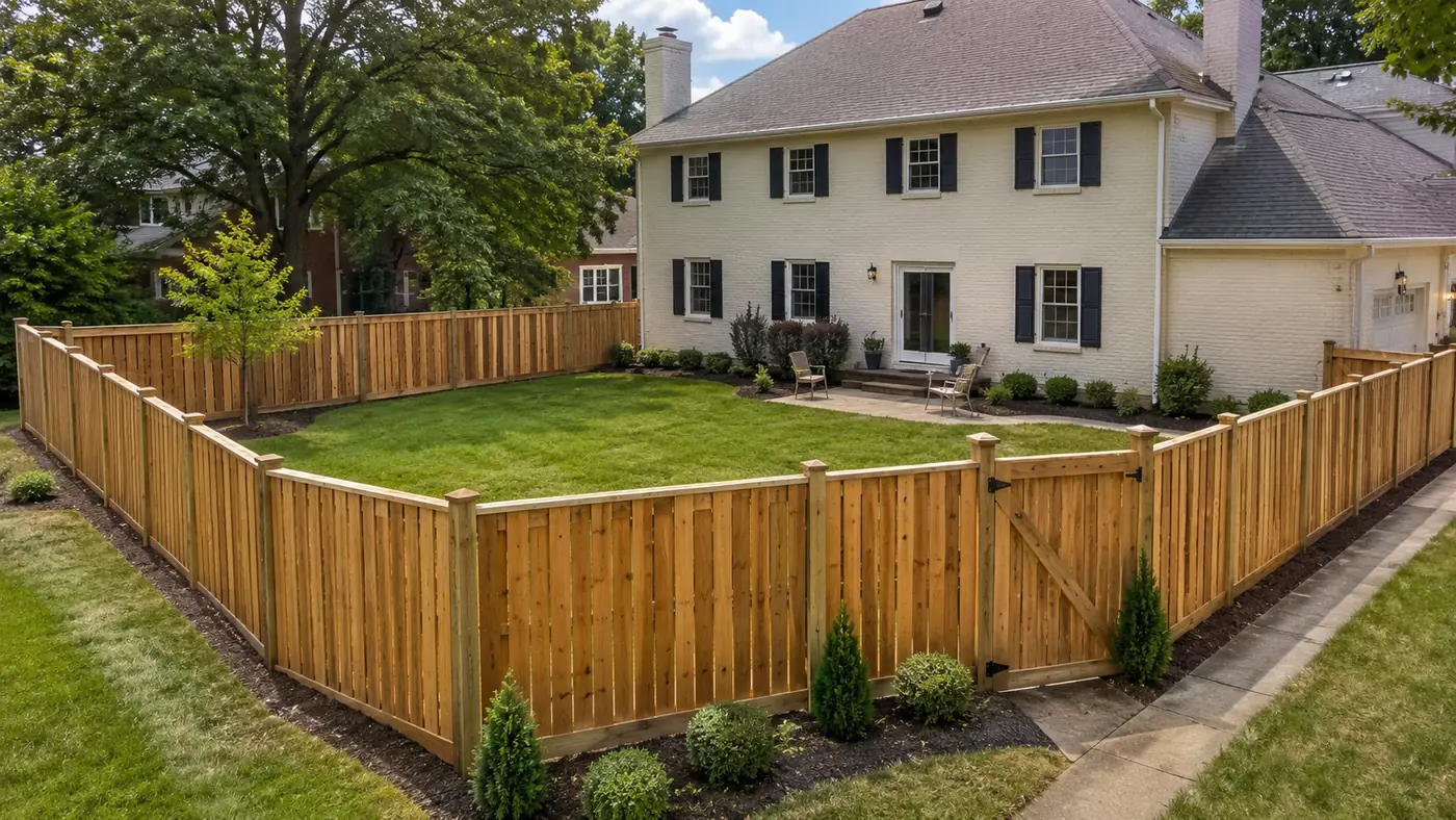 Cedar dog-ear privacy fence with gate enclosing a backyard in Mason, OH