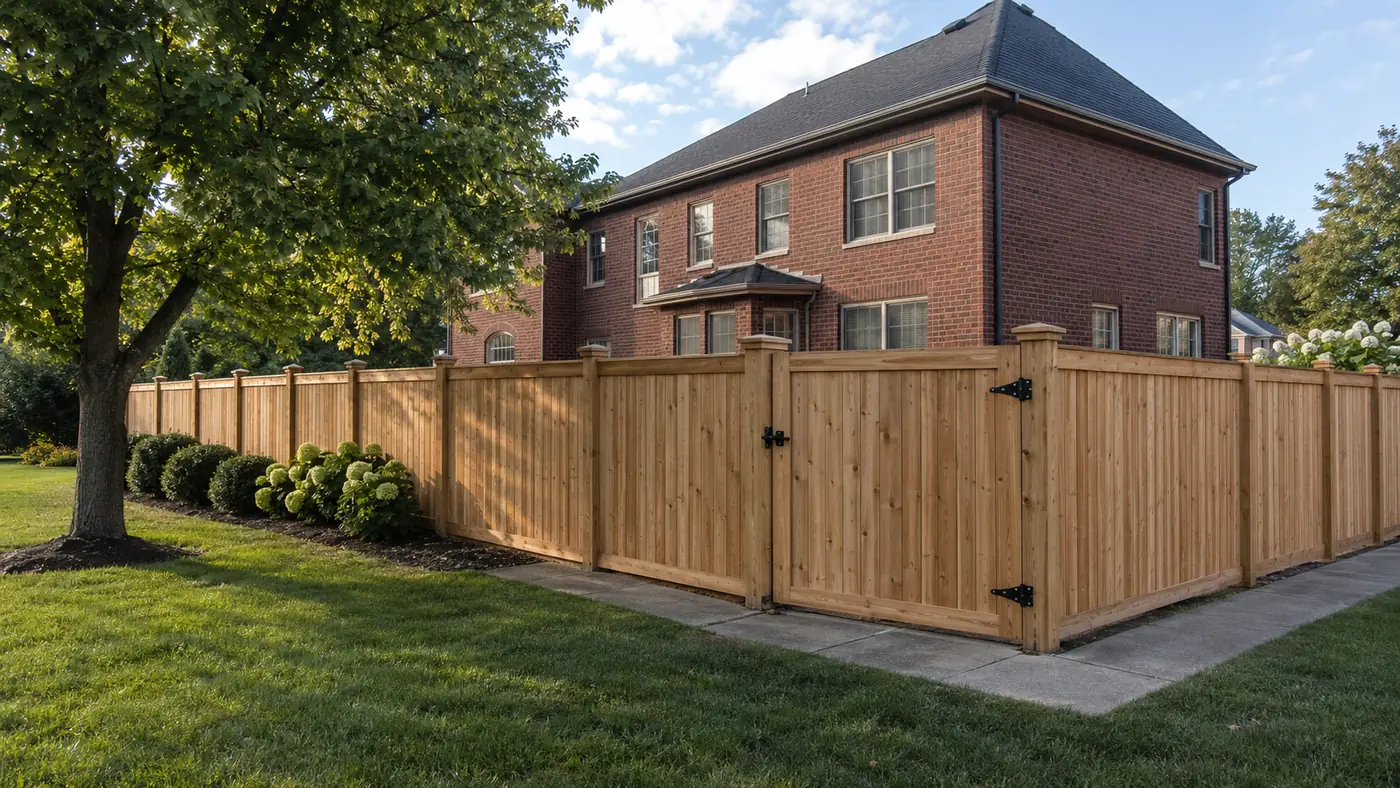 Cedar privacy fence with gate beside a brick home in Mason, OH