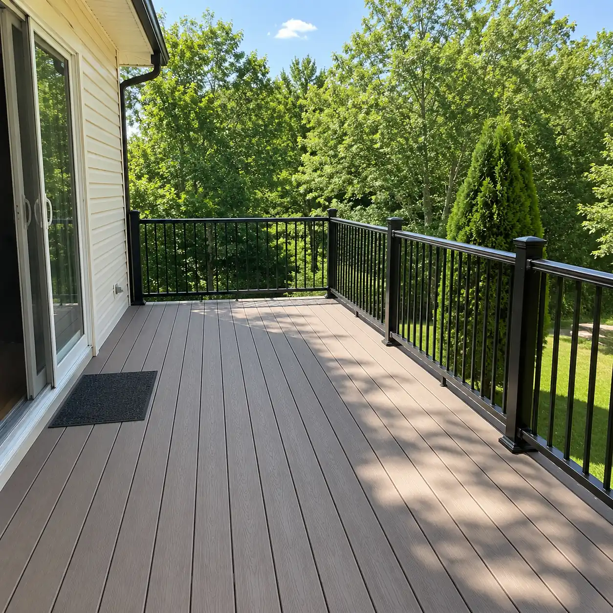 Brown composite deck with black balusters overlooking a wooded backyard in Mason, OH