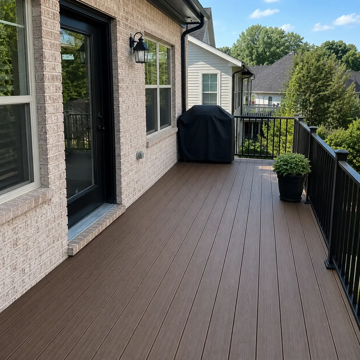 Composite deck with black aluminum railing and gas grill off a brick home in Mason, OH