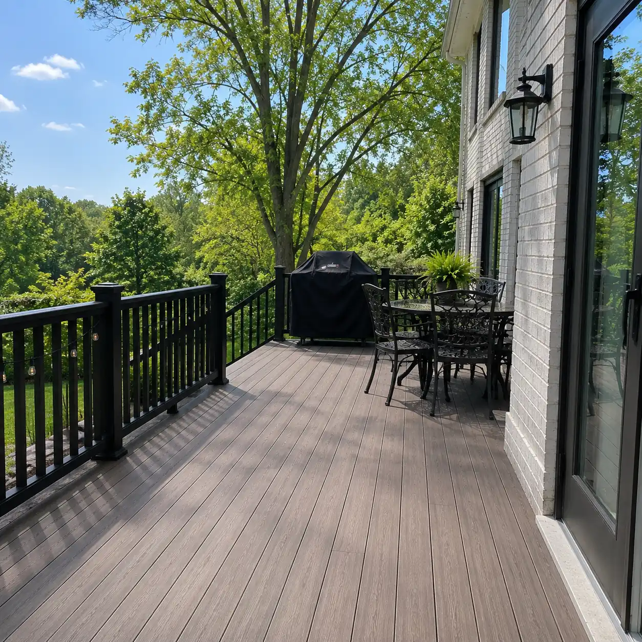 Composite deck with outdoor dining set and black railing built by Epic Installers in Mason, OH