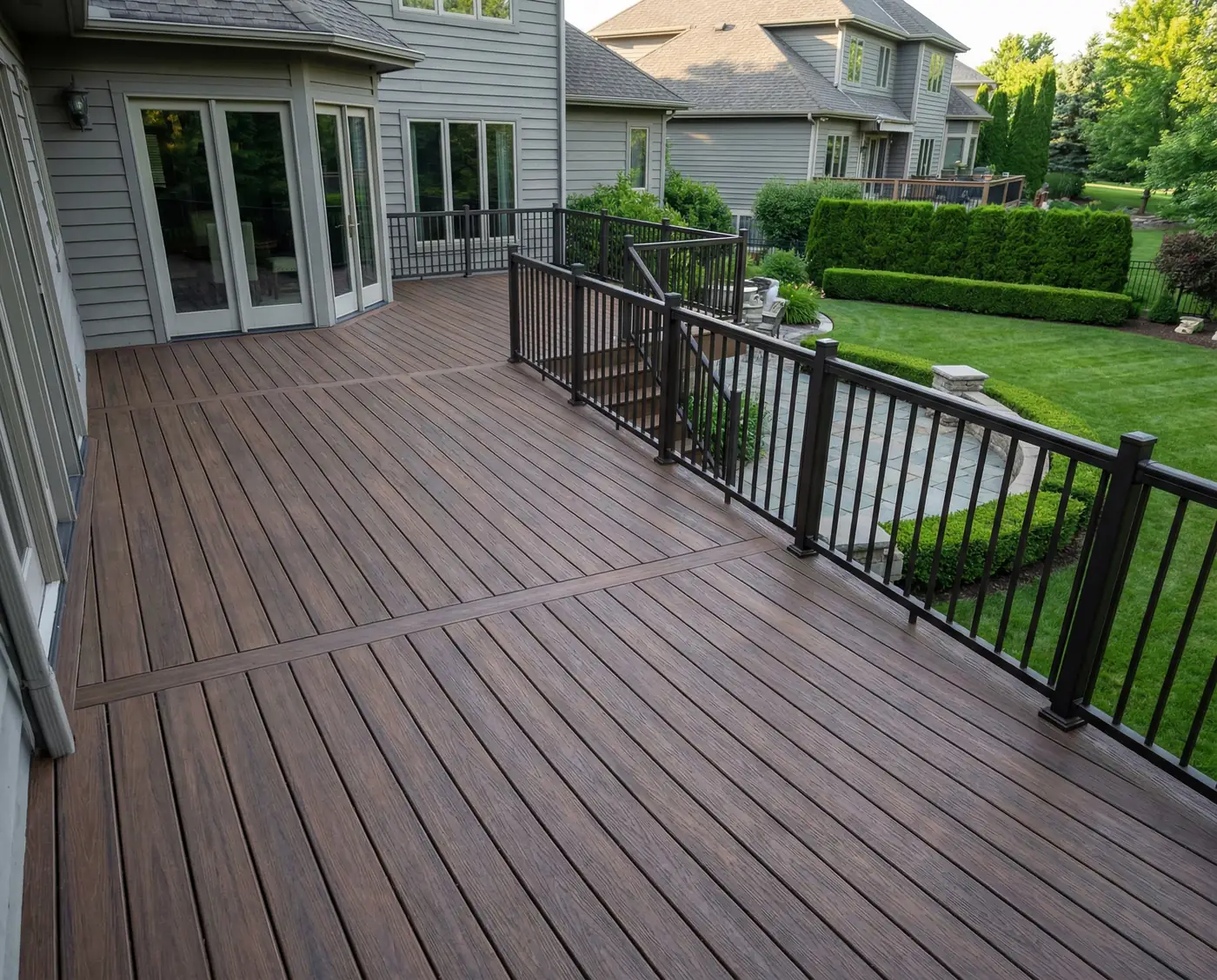 Composite deck with picture-frame border and black railing behind a Mason, OH home