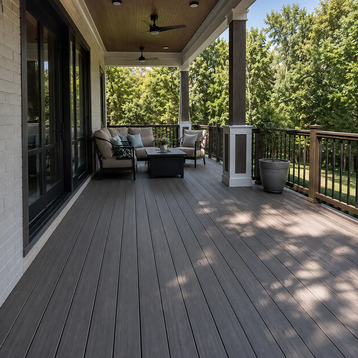 Covered composite deck with ceiling fan, columns and outdoor seating in Mason, OH