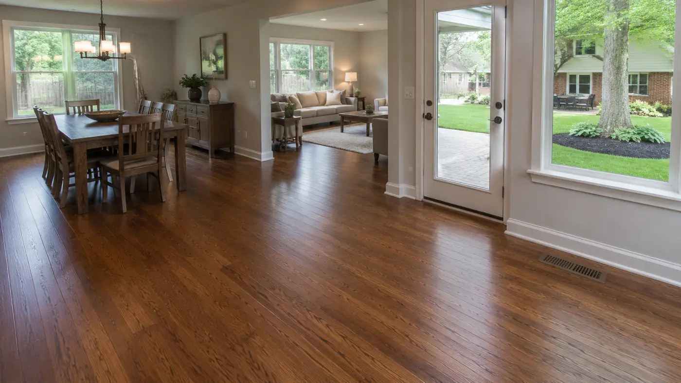 Dark-stained hardwood floors in a dining room with French doors in Mason, OH