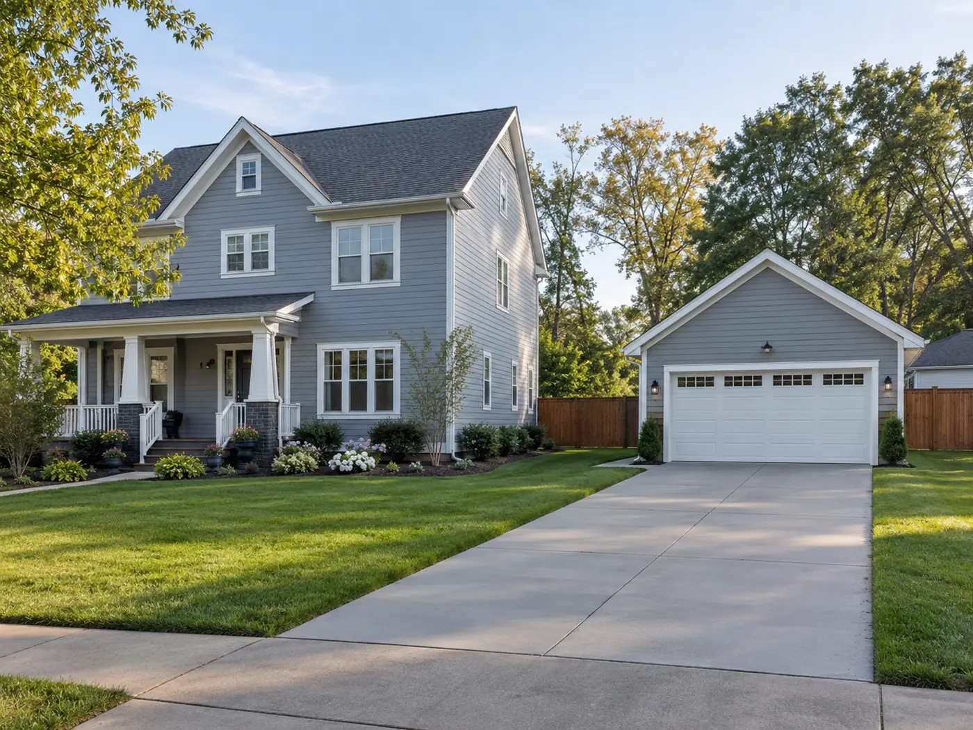 Detached two-car garage with white doors and concrete driveway behind a gray home in Mason, OH