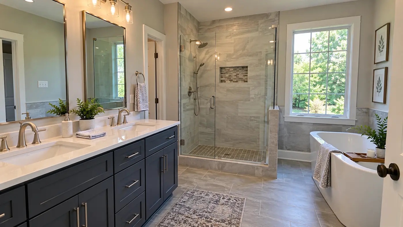 Double vanity with brushed nickel faucets, glass shower and tub in a Mason, OH bathroom remodel