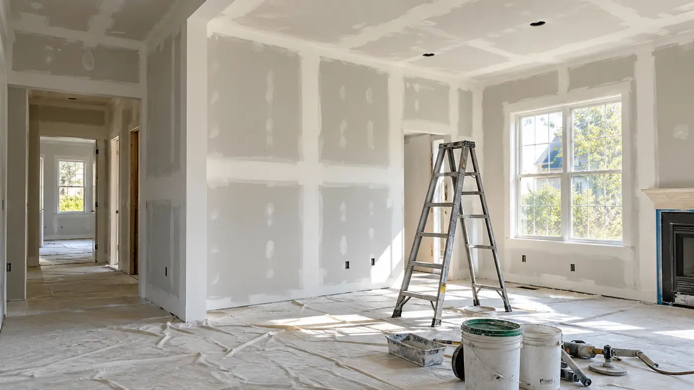 Drywall finishing in progress with ladder and joint compound in a Mason, OH home