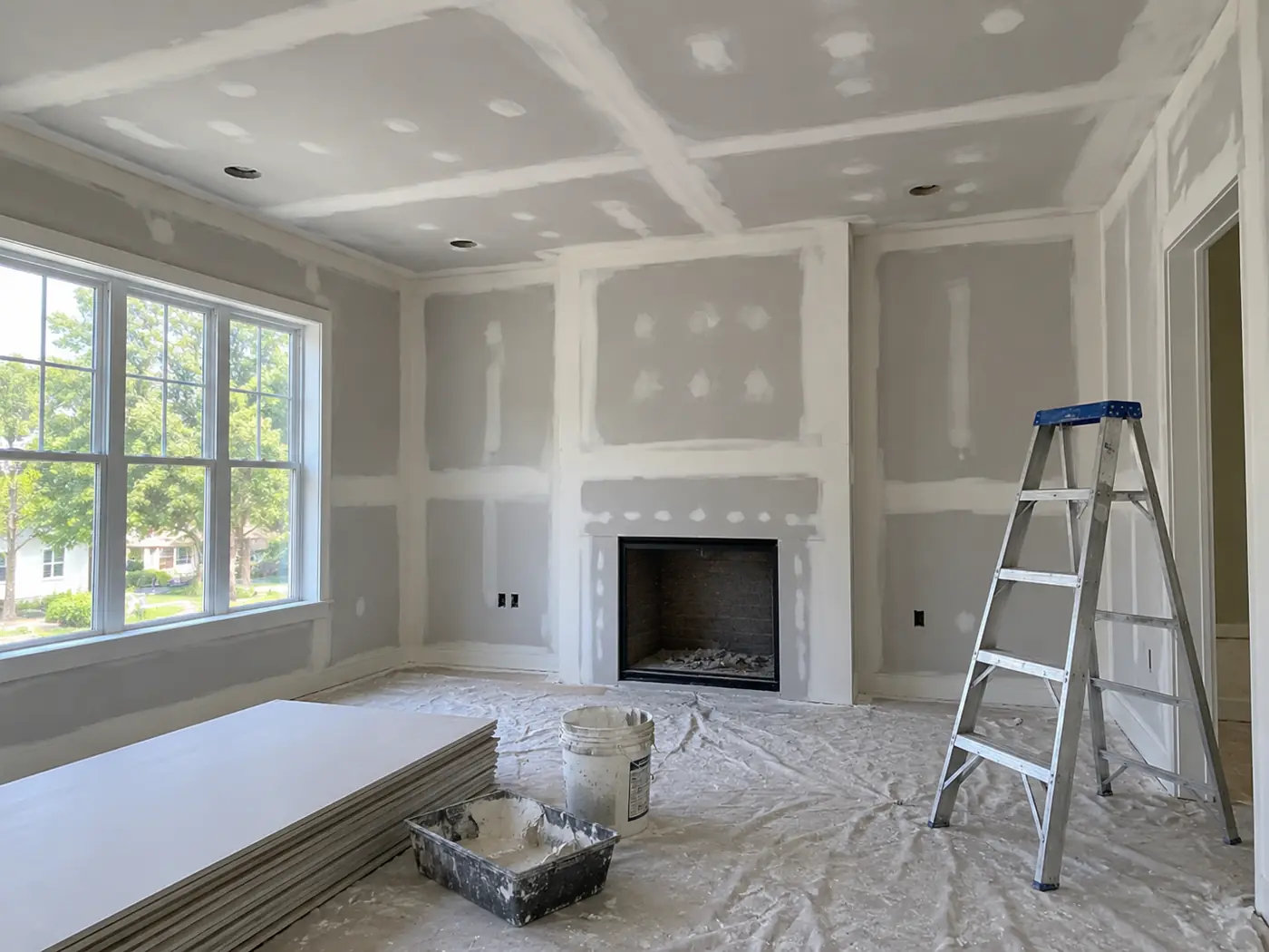Drywall installation in progress around a fireplace with ladder and drop cloths in Mason, OH