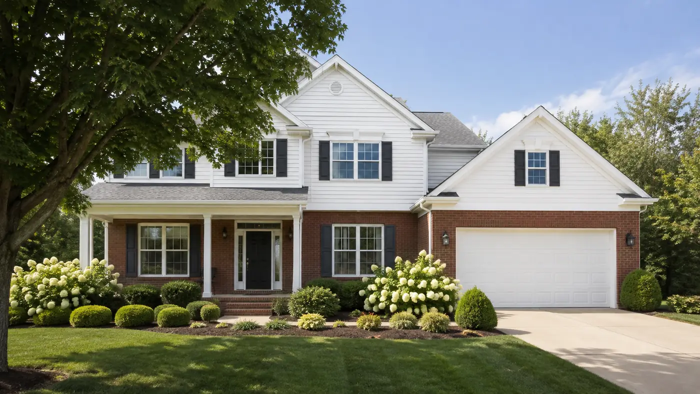 Two-story home with freshly painted white siding and black shutters in Mason, OH