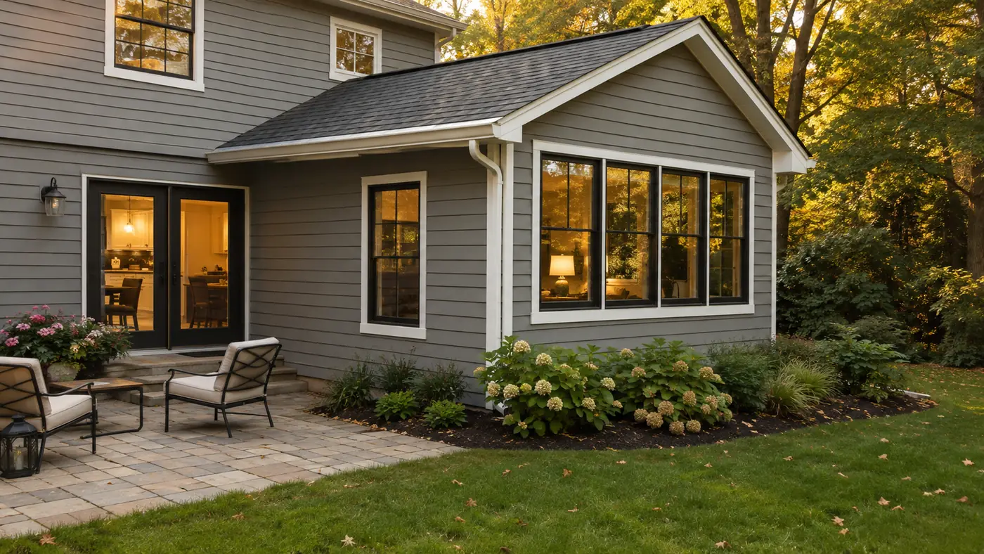 Family room addition with black windows and patio seating in Mason, OH