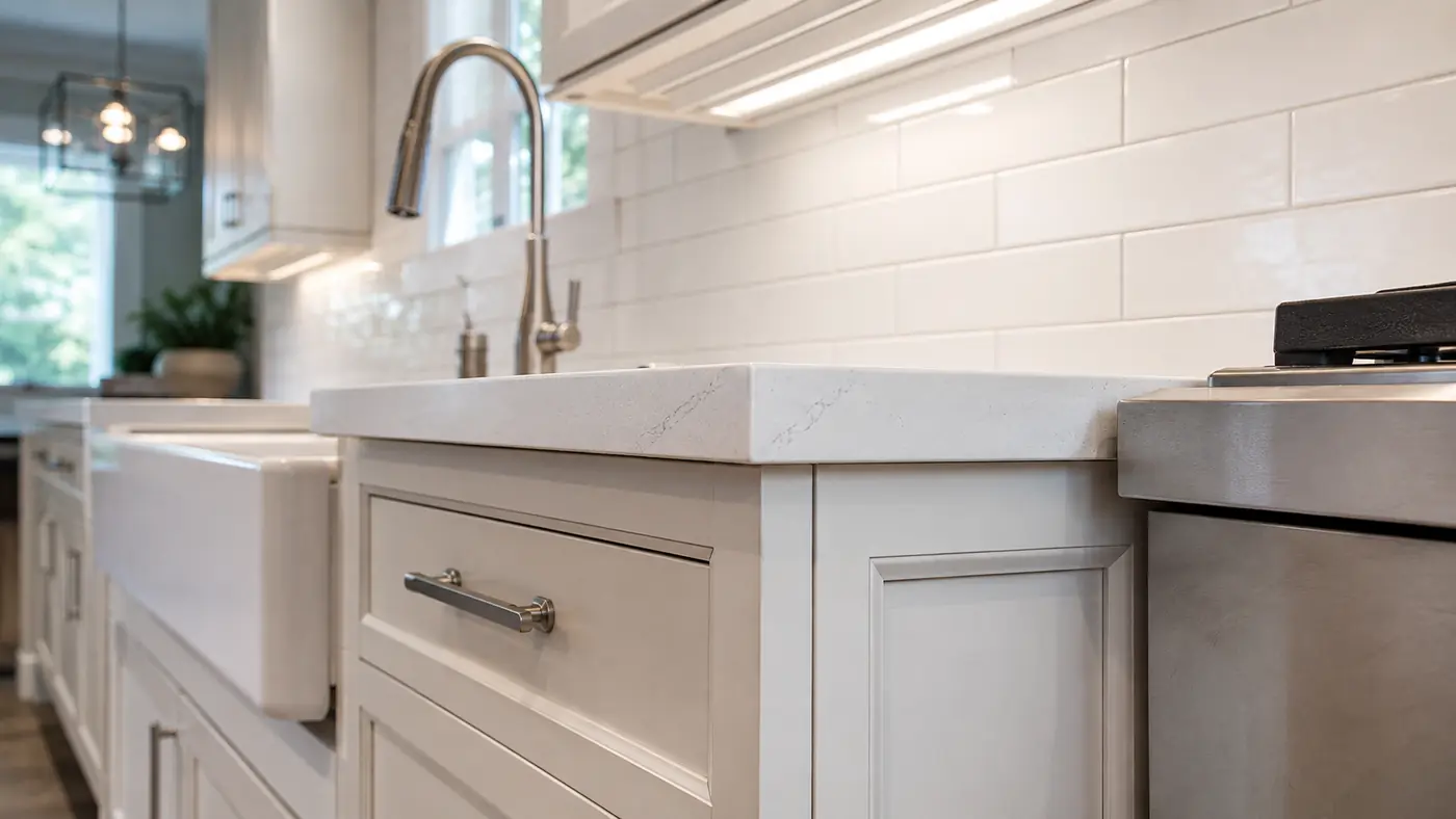Farmhouse sink, brushed nickel faucet and quartz countertop detail from a Mason, OH kitchen remodel