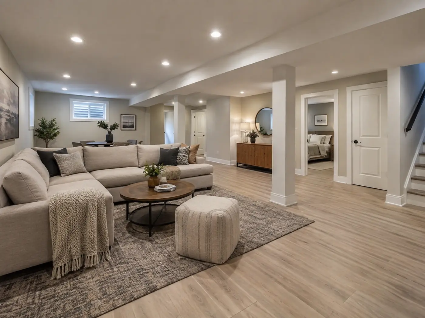 Finished basement family room with gray sectional, area rug and light LVP flooring in Mason, OH