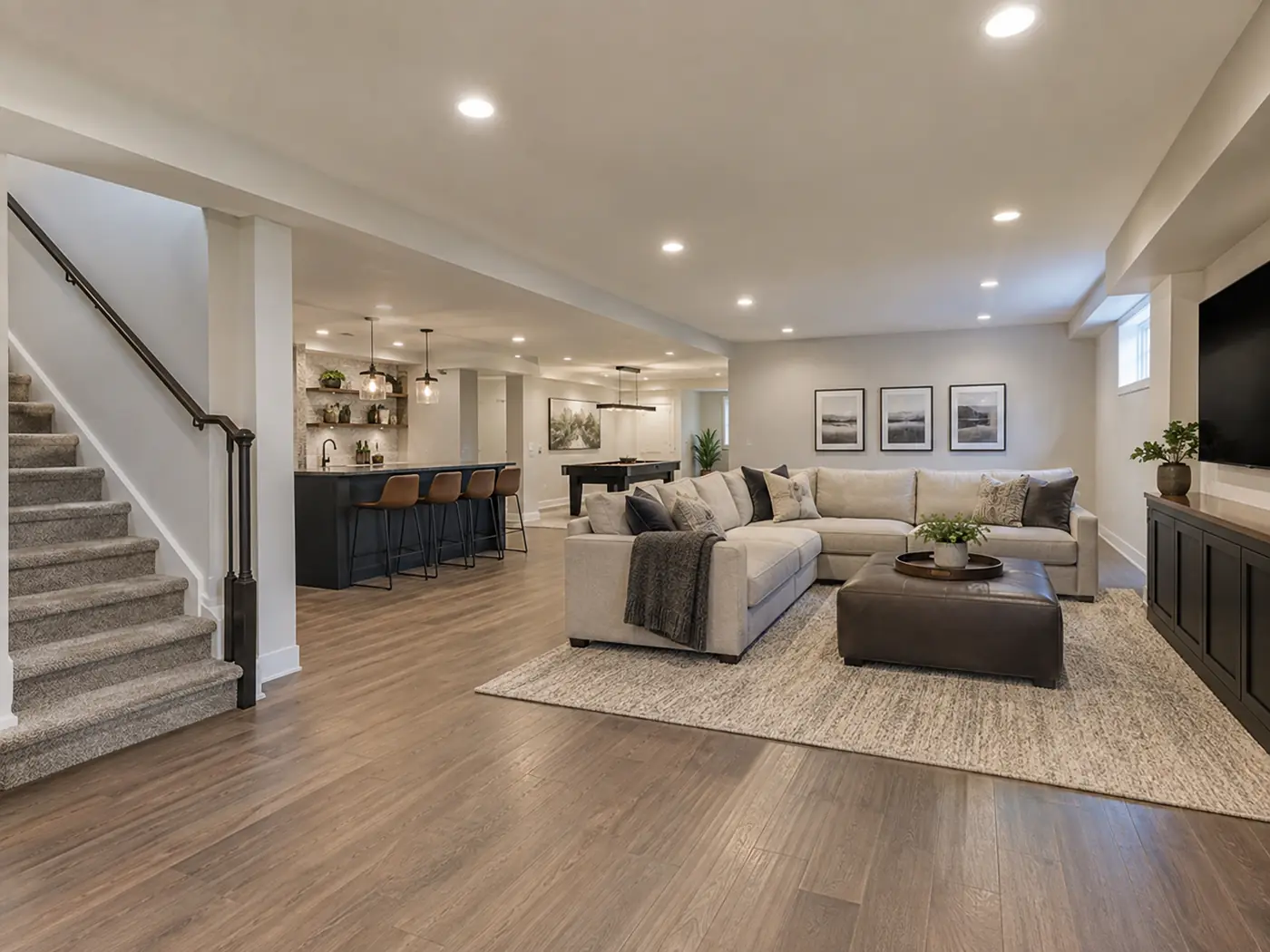 Finished basement with wet bar, bar stools and carpeted staircase remodeled in Mason, OH