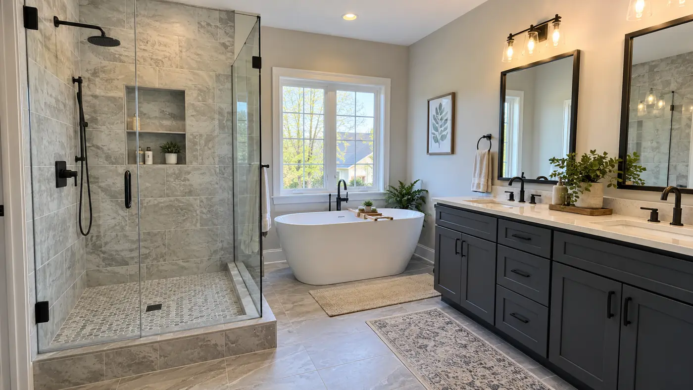 Frameless glass shower and soaking tub under a window with a dual-sink gray vanity in Mason, OH