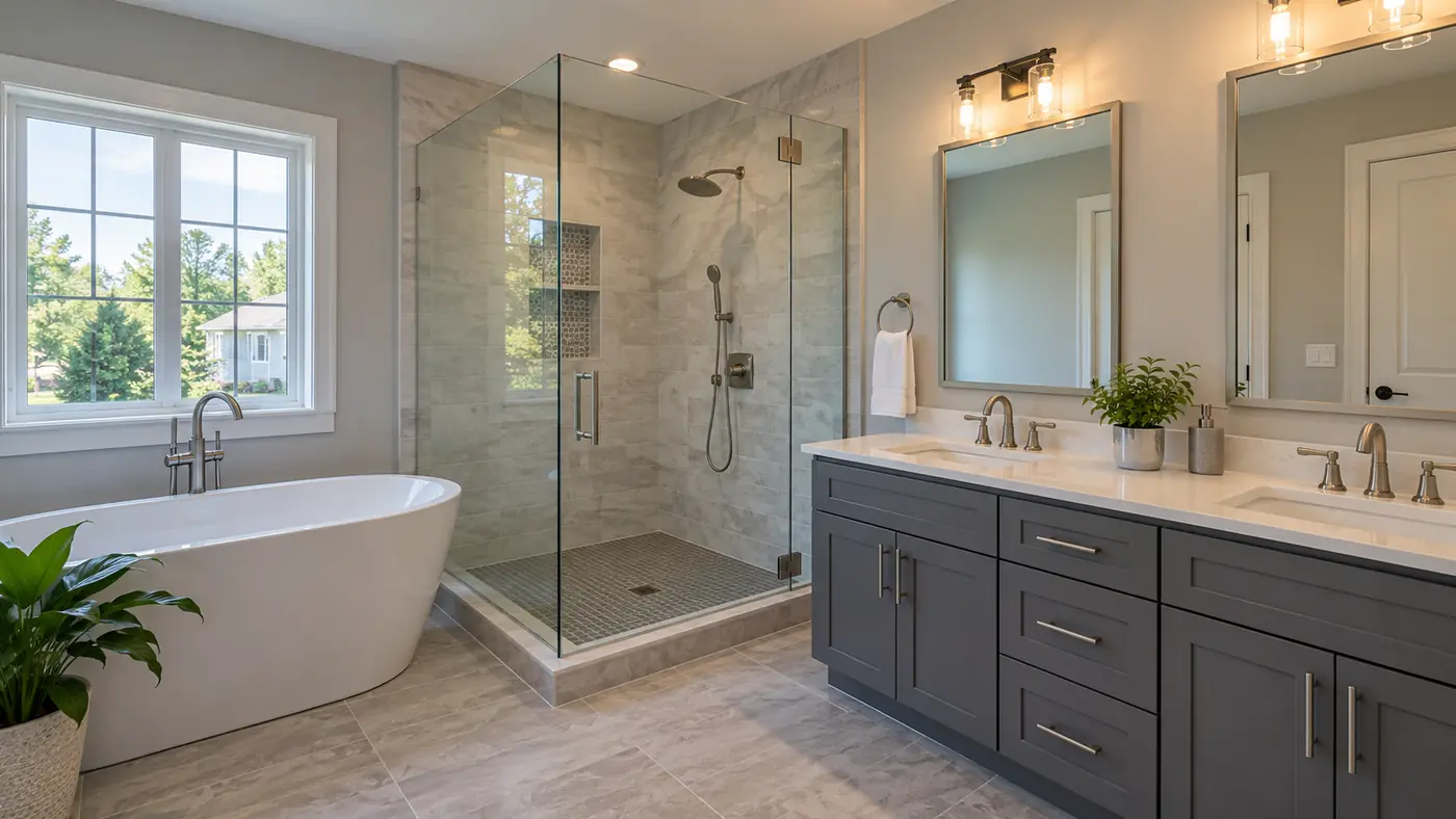 Freestanding tub beside a corner glass shower and long double vanity in Mason, OH
