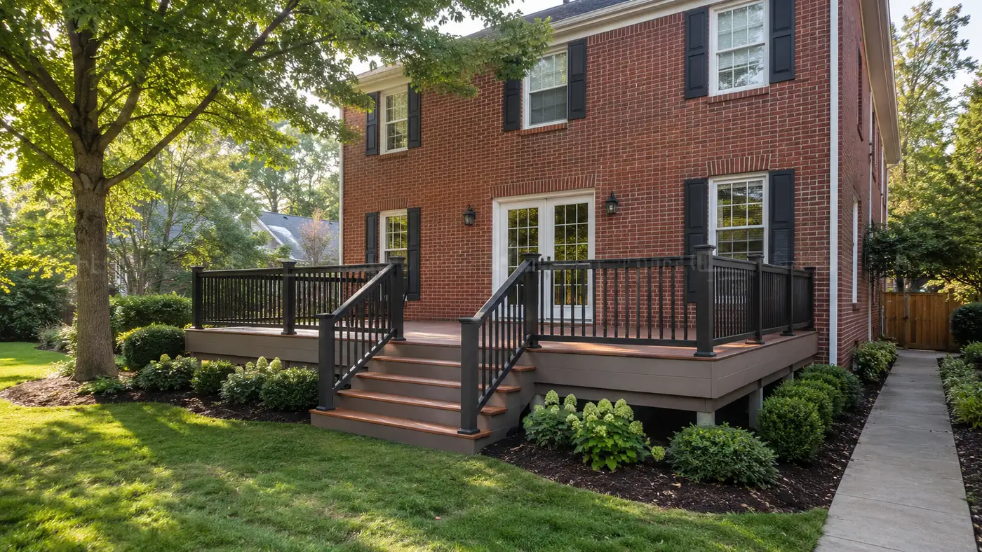 Composite front deck with steps and black railing on a brick colonial in Mason, OH
