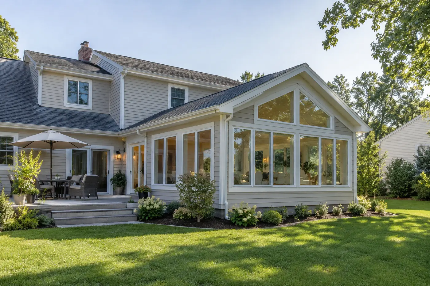 Gabled sunroom addition beside a patio dining area built in Mason, OH