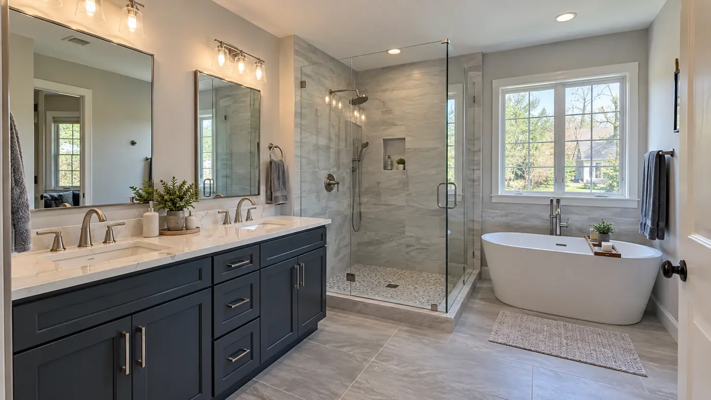 Gray shaker vanity with quartz top, glass shower and freestanding tub in Mason, OH