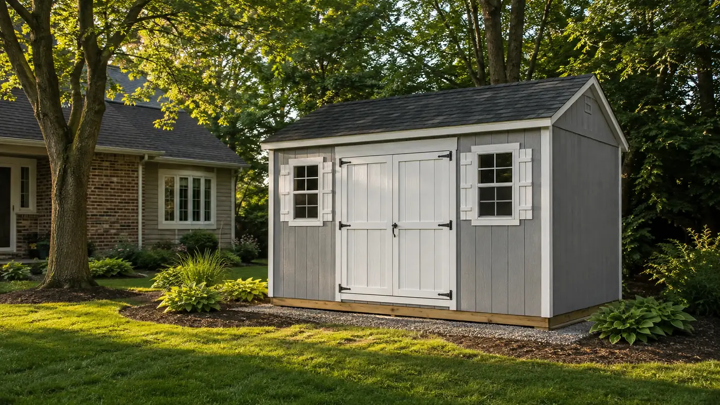 Gray shed with white double doors and flower box windows in Mason, OH