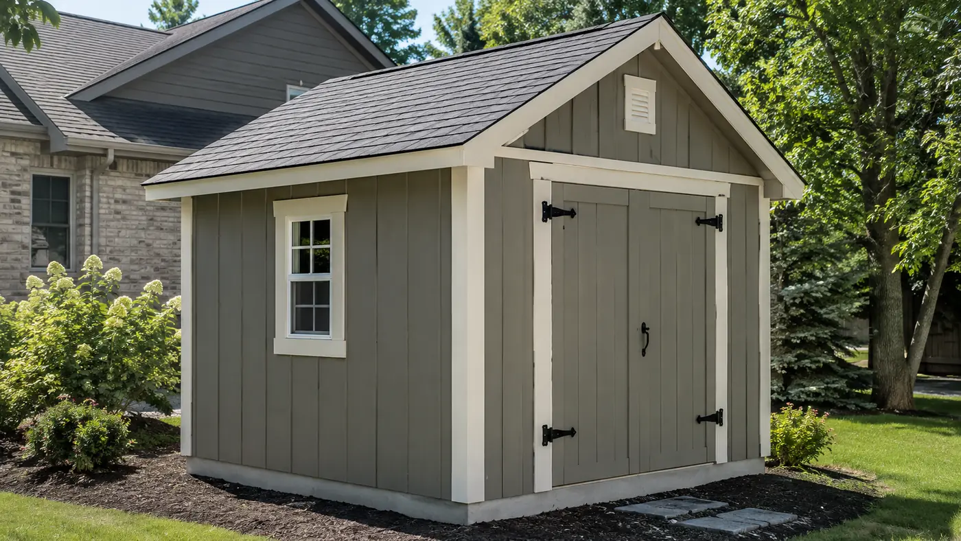 Gray shed with white trim and black hinges beside a stone home in Mason, OH