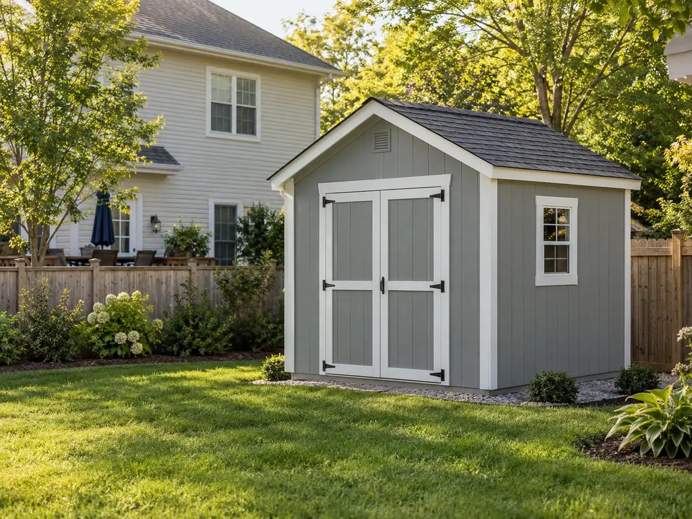 Gray shed with white trim, side window and shingle roof installed in Mason, OH