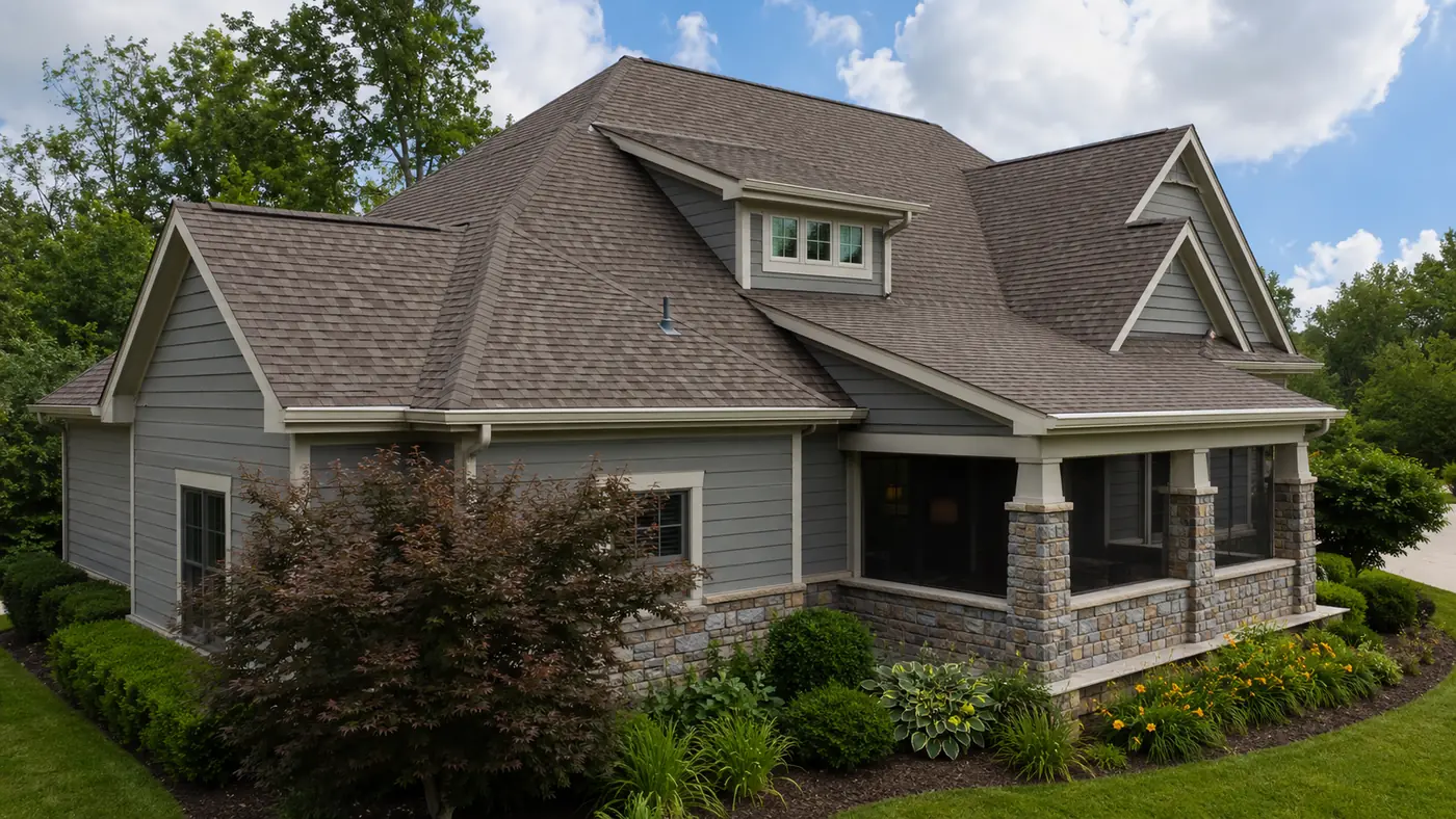Gray architectural shingles on a craftsman home with dormers in Mason, OH
