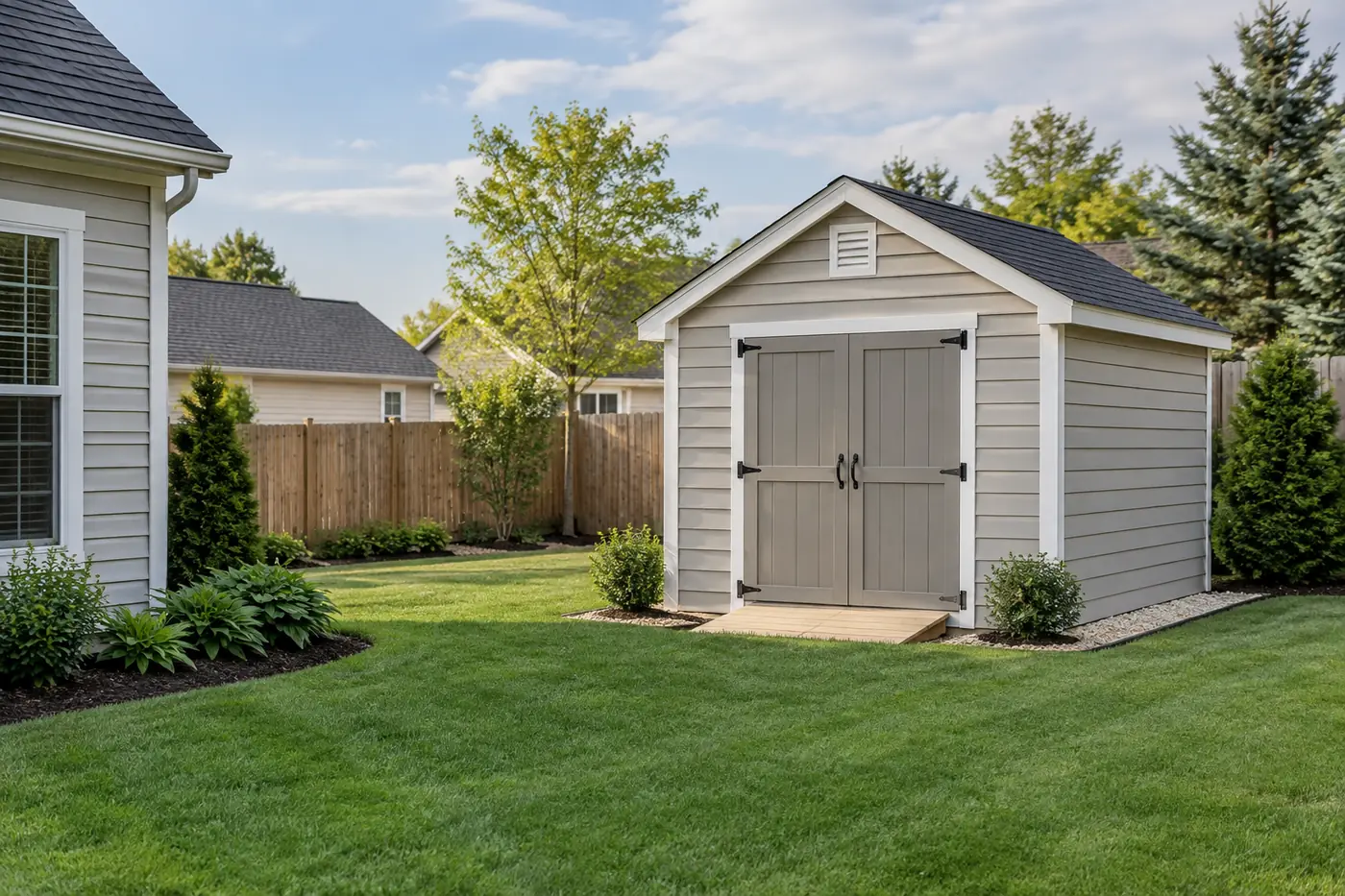 Gray backyard storage shed with double doors along a wood fence in Mason, OH
