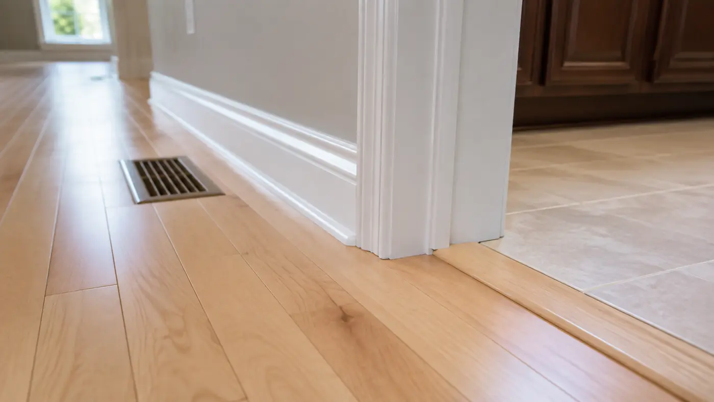 Flush transition from hardwood plank to tile flooring in a doorway installed in Mason, OH