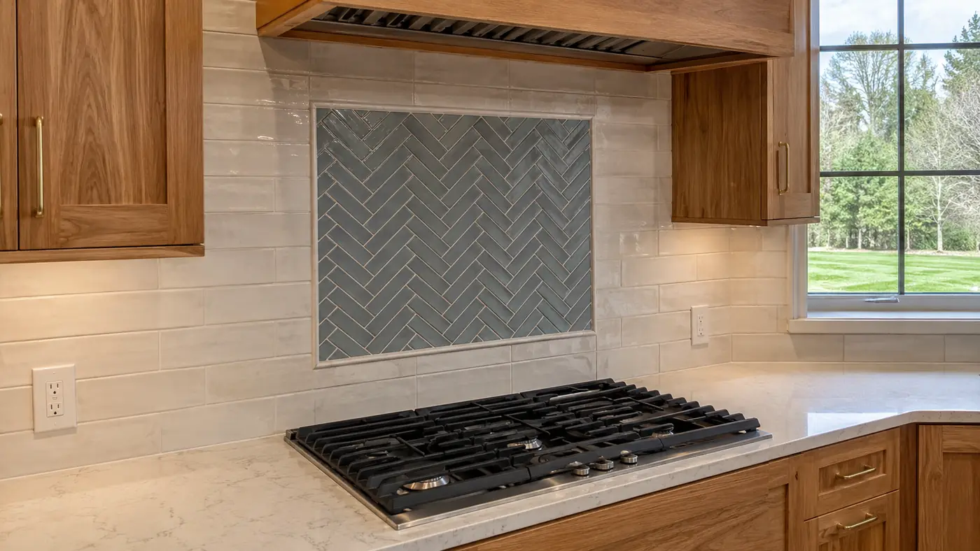 Herringbone accent tile backsplash above a gas cooktop with walnut cabinets in Mason, OH