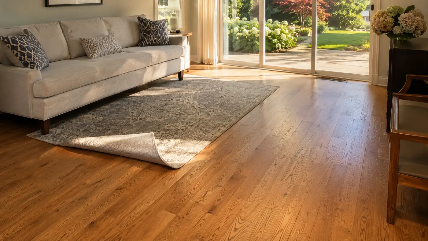 Honey-toned hardwood floor in a living room with sofa and area rug in Mason, OH