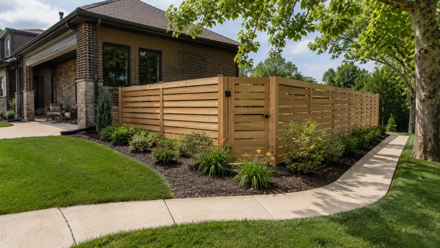 Horizontal cedar slat fence beside a modern brick home in Mason, OH